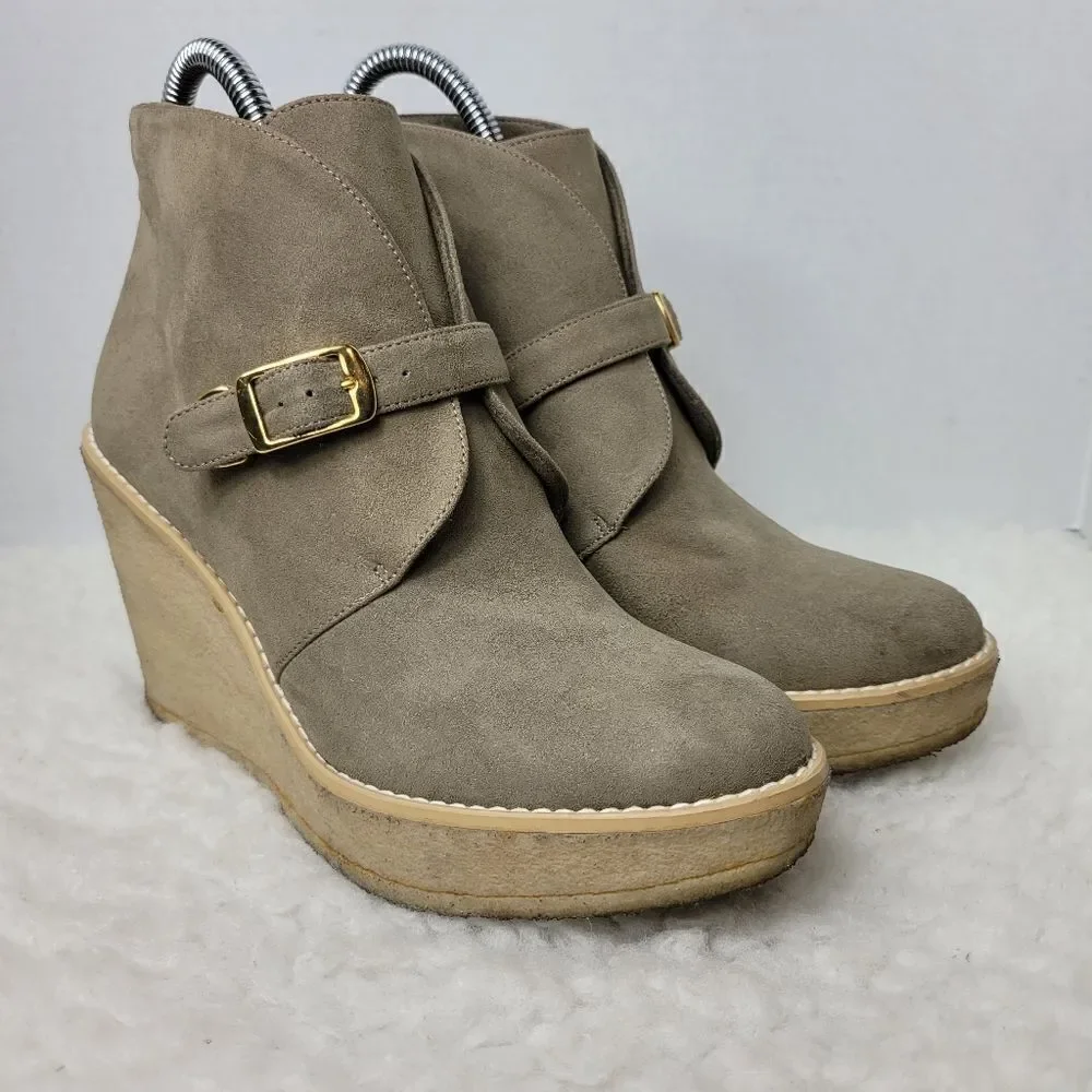 STELLA McCARTNEY Womens Size 8.5 Ankle Boots  Tan Suede Buckle Gum Wedge